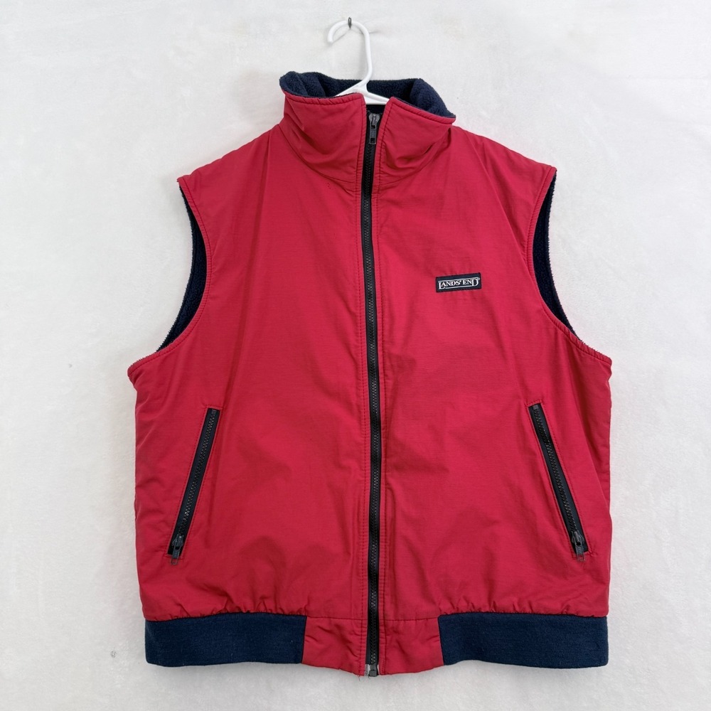 Vintage Lands End Vest Mens L Red Full Zip Fleece Line Windbreaker